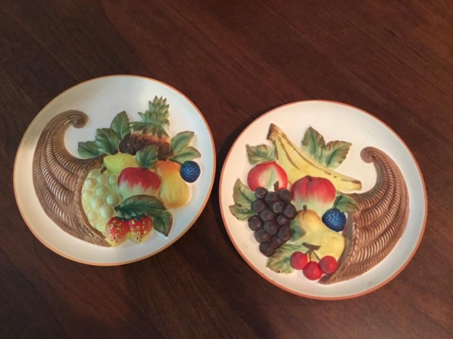 Set of 2 Vintage Round Chalkware Wall Plaques Fall Thanksgiving Cornucopias