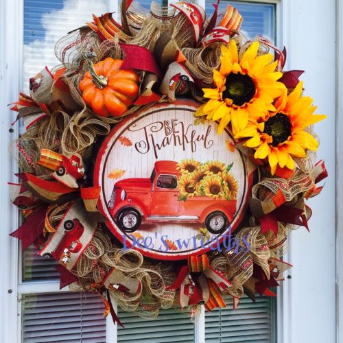 Fall Harvest Thanksgiving Red Truck Wreath