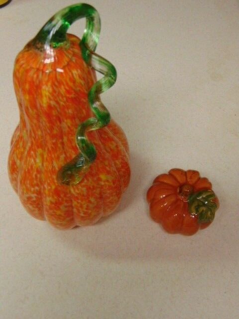 Pumpkin Glass Gourd 10.75 in. Height Fall Accent Tabletop Decor Orange w/bonus