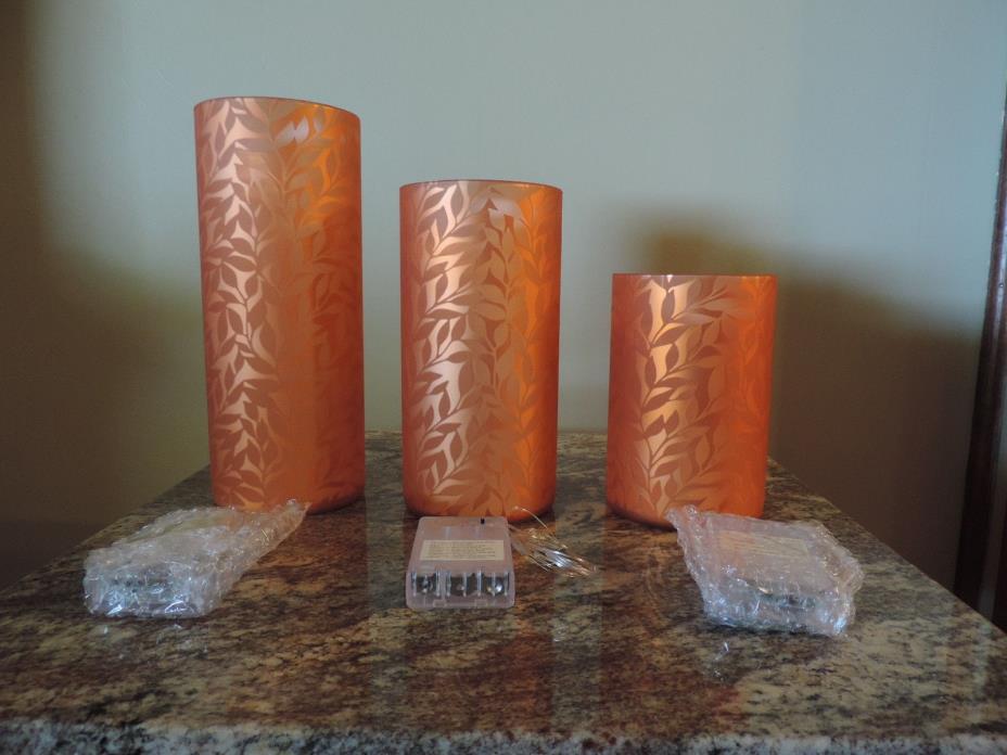 Set of 3 Frosted Glass Pillars with Microlights by Valerie (New) Ruset Orange