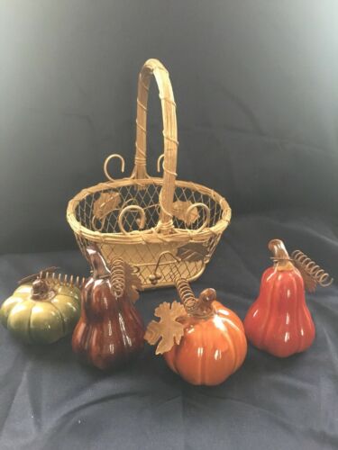 Thanksgiving - Squash & Pumpkin Ceramic Decor In Metal Basket Autumn Table Decor