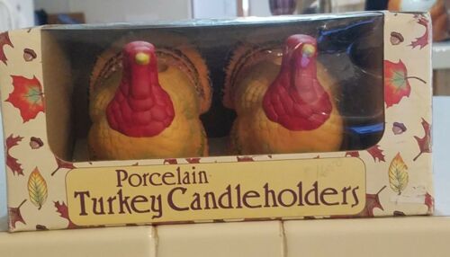 Russ Berrie Porcelain Turkey Candle Holders Thanksgiving In Box 2230