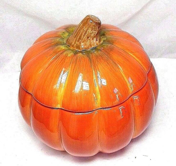 By FTD Ceramic Pumpkin Covered Bowl Tureen Cookie Jar w/ Lid 6