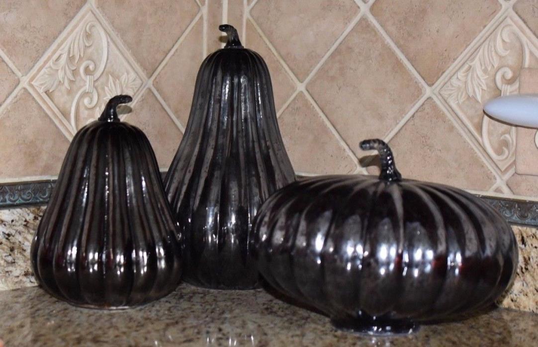 Lot of 3 Black Glass (2) Gourds  & (1) Pumpkin - Displayed Once