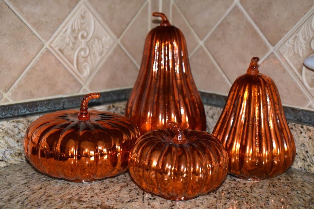 Lot of 4 Beautiful Glass  (2) Orange Pumpkins & (2) Gourds - Displayed Once