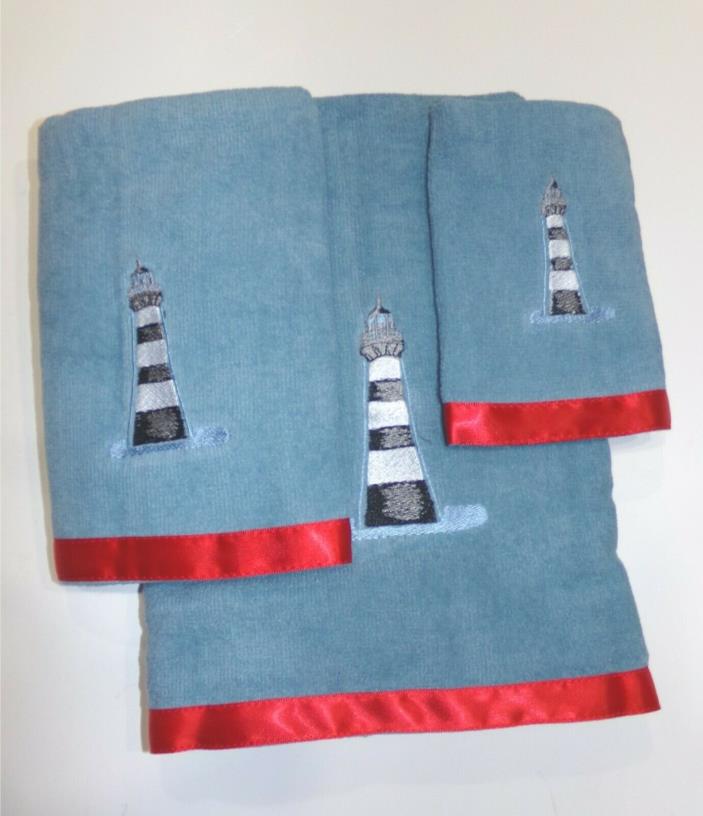 3pc Blue Cape Cod Nautical Lighthouse Towel Set Bath Hand Washcloth on blue NIP