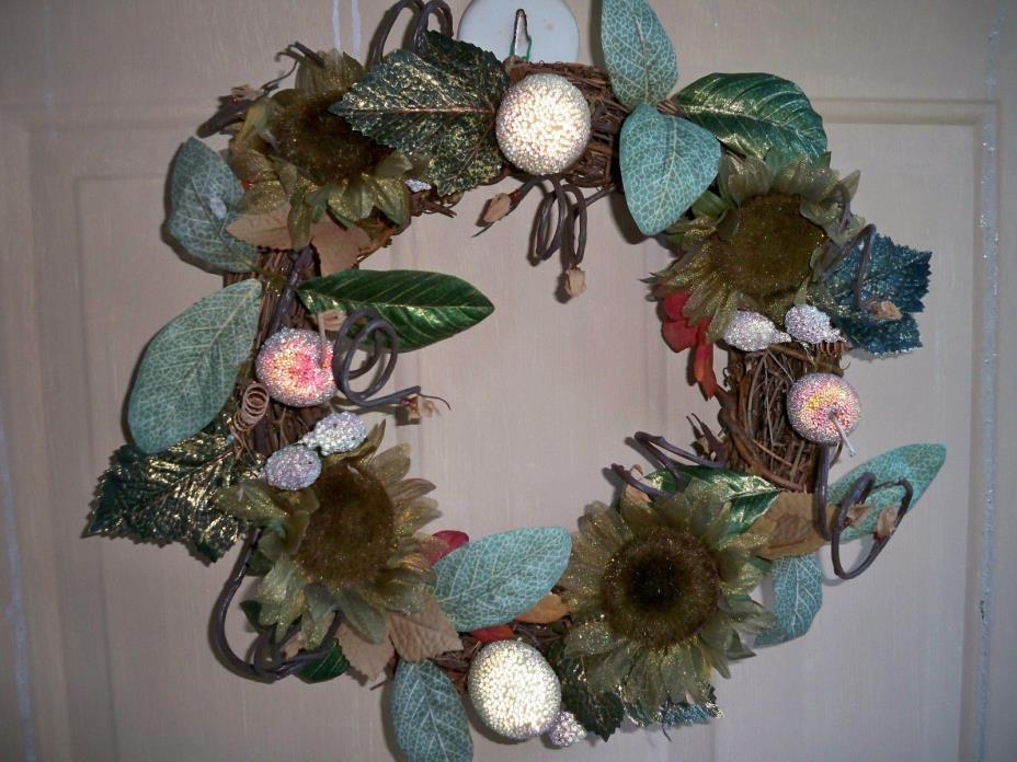Decorated Holiday Grapevine Door Wreath with Beaded Fruit, Glittered Flowers