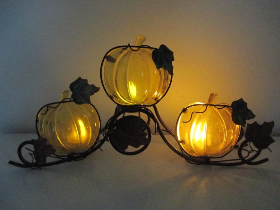 Fall Table Decor - Pumpkin Triple Tea Light Candle Holder Metal Plastic 14