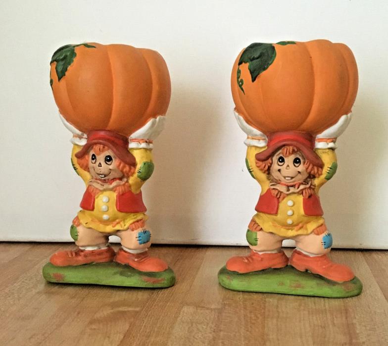 Lefton Halloween Fall Scarecrow Pumpkin Set 2 Votive Candle Holders 1988
