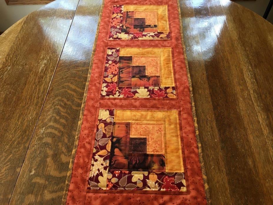 Fall Log Cabin Quilted  Table Runner Tabletop Decor  Orange Yellow Leaves