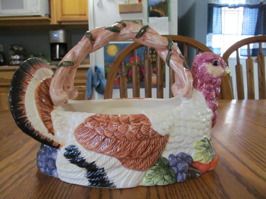 CERAMIC TURKEY BASKET CENTERPIECE EUC 11