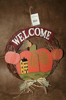 WELCOME HARVEST FALL THANKSGIVING RUSTIC GRAPEVINE WREATH DECORATION PLAQUE