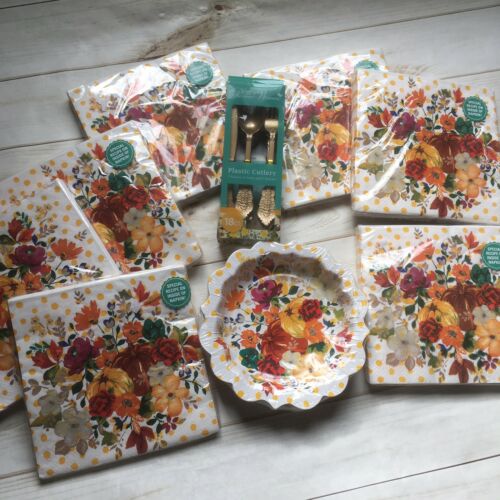 Pioneer Woman Pumpkin Dot Thanksgiving Fall Paper Napkins Plastic Cutlery Lot