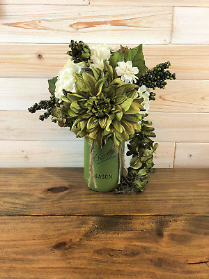 Green and Cream Quart Mason Jar Floral Arrangement