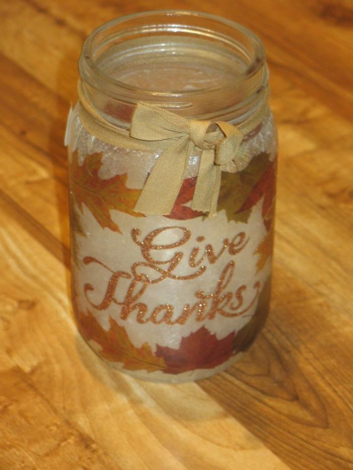 Frosted Glass Jar w/ LED Twnkling Fairy Lights  Leaf Motif Craft