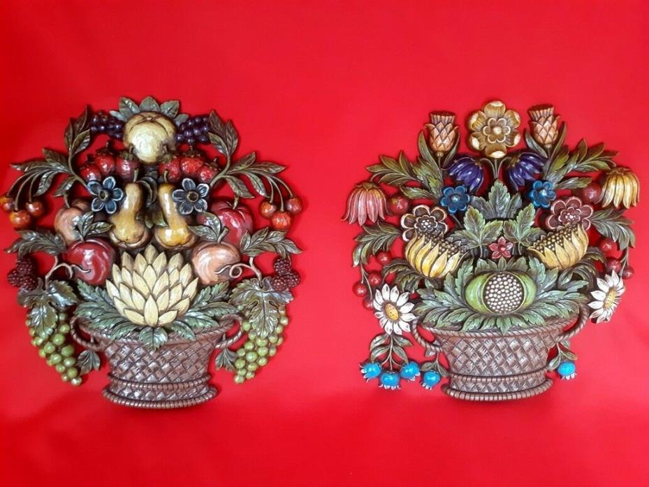Syroco Colorful Pair Wall Plaques Fruit Flower Baskets Wall Hanging Ornament USA