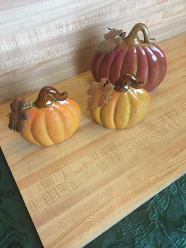 Pumpkin Figurines Set Of 3 Ceramic Metal Leaves 4.5, 5.5” Tall Thanksgiving Fall