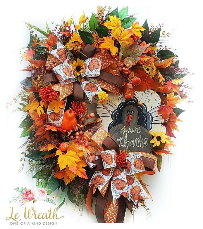 Give Thanks Fall Floral Door Wreath Autumn Turkey Arrangement Thanksgiving NEW
