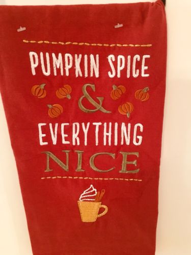 PUMPKIN SPICE & EVERYTHING NICE RED EMBROIDERED FLOUR SACK KITCHEN TOWEL KATHY