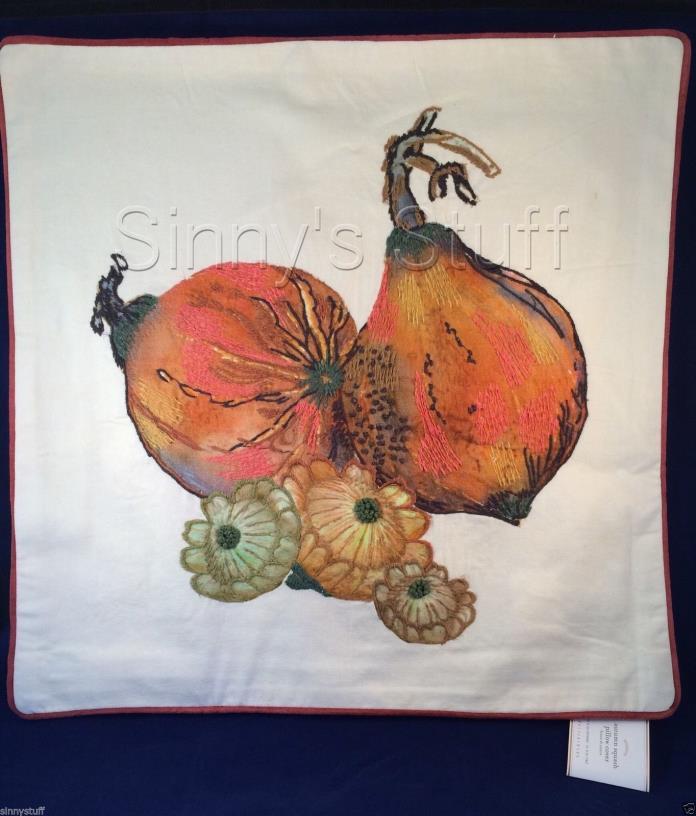 Pottery Barn Autumn Squash Pillow Cover Embroidered Pumpkin Harvest Velvet Back
