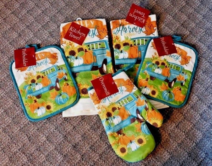 New Fall Thanksgiving Set of 5 KITCHEN TOWEL SET POT HOLDERS OVEN MITT Truck