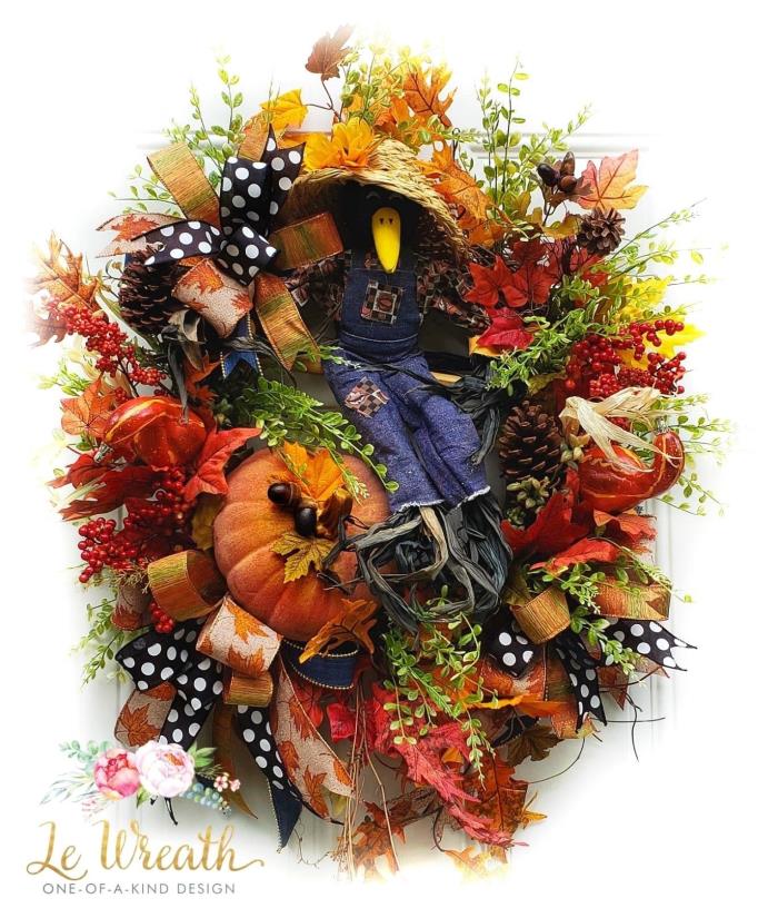 Fall Crow Floral Door Wreath Autumn Scarecrow Decor Arrangement Thanksgiving NEW