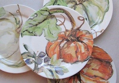 Pottery Barn Watercolor Painted HARVEST PUMPKIN Salad Plates Mixed Set of 4, NEW