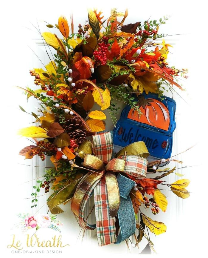 Welcome Floral Fall Door Wreath Thanksgiving Truck Autumn Home Decor Arrangement