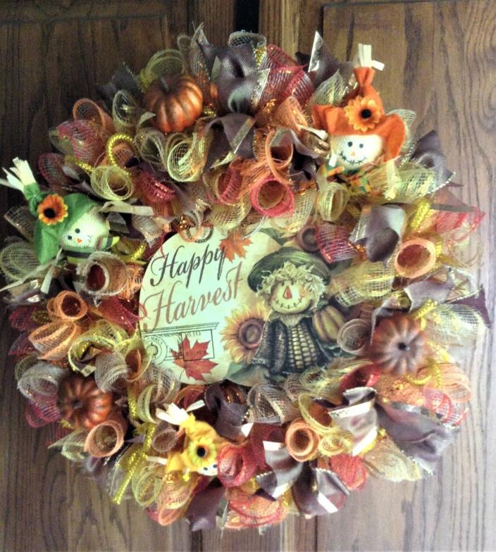 Fall Homemade Wreath, Thanksgiving, Autumn Colors, Deco Mesh, Scarecrow