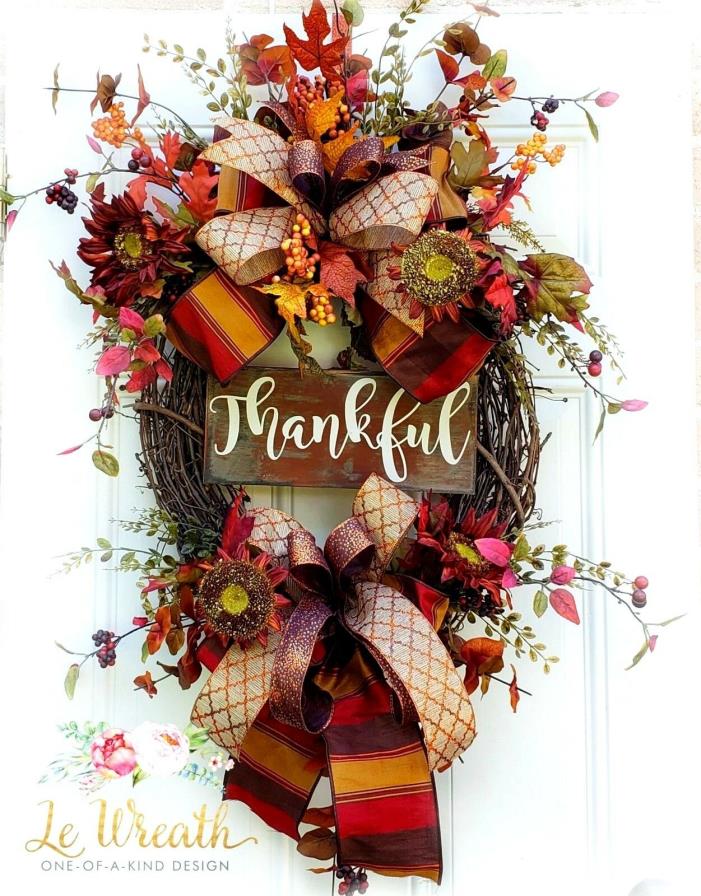 Thankful Fall Floral Door Wreath Autumn Home Decor Arrangement Thanksgiving NEW
