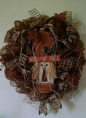 Handmade Welcome Fall Scarecrow Deco Mesh Wreath Multi Colored