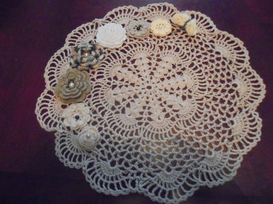 NEW Hand Crochet Doily Centerpiece Table Decor Ecru Flowers Beads Butterfly GIFT