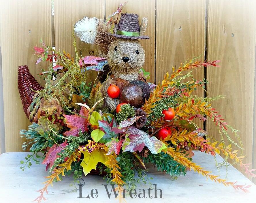 Fall Autumn Cornucopia Floral Arrangement Table Centerpiece Squirrel Home Decor