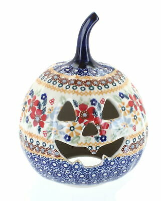 Blue Rose Polish Pottery Red Daisy Small Pumpkin Luminary
