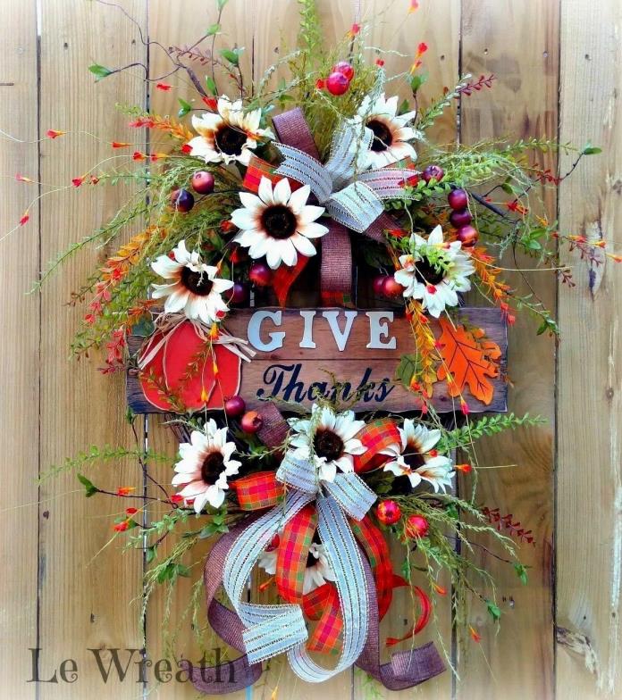 Fall Autumn Give Thanks Floral Door Wreath Thanksgiving Sunflowers Blessed Decor