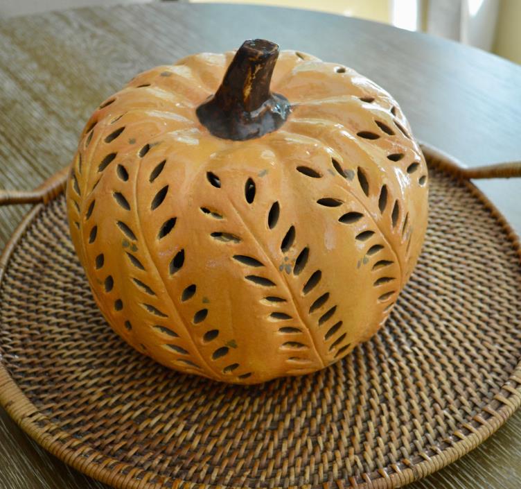 Pottery Barn Punched Ceramic Pumpkin Orange Luminary~Candle~Halloween SMALL