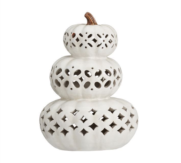 Pottery Barn Ivory Filigree Punched Ceramic Stacked Pumpkin