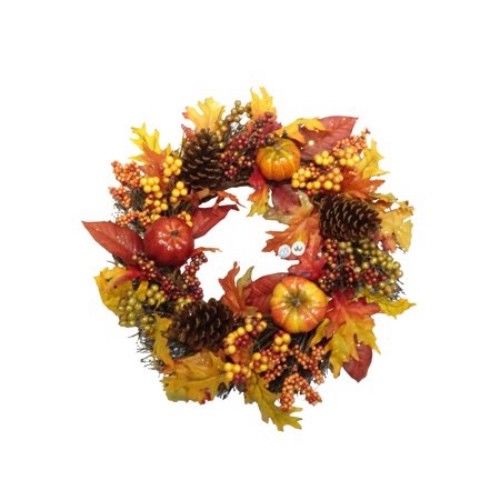 Holiday Thanksgiving Wreath with pine cones and harvest foliage with pumpkins 18