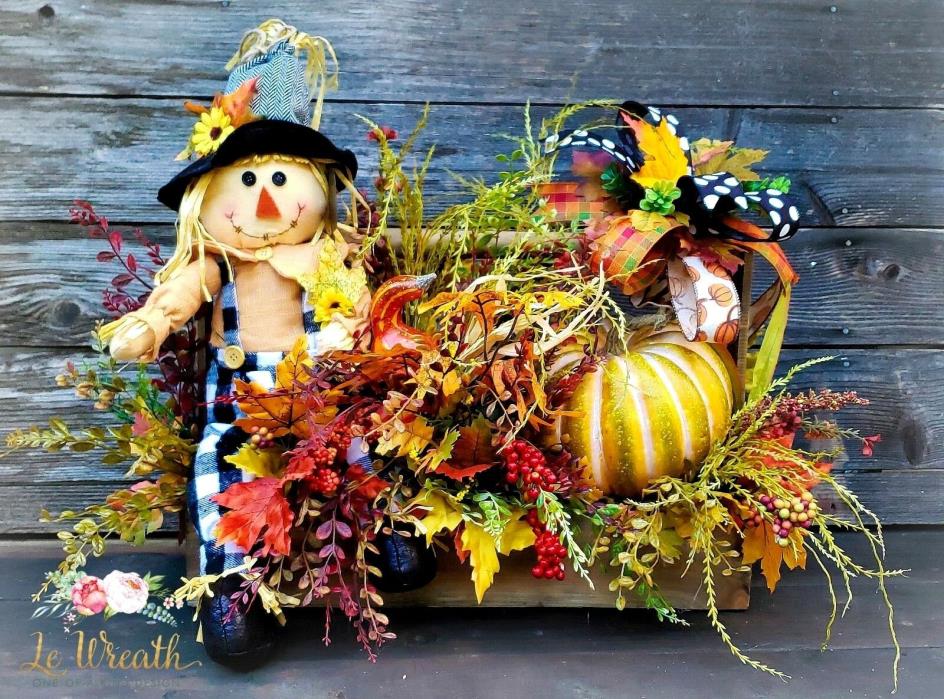 Scarecrow Fall Floral Wood Caddy Arrangement Table Centerpiece Autumn Decor NEW