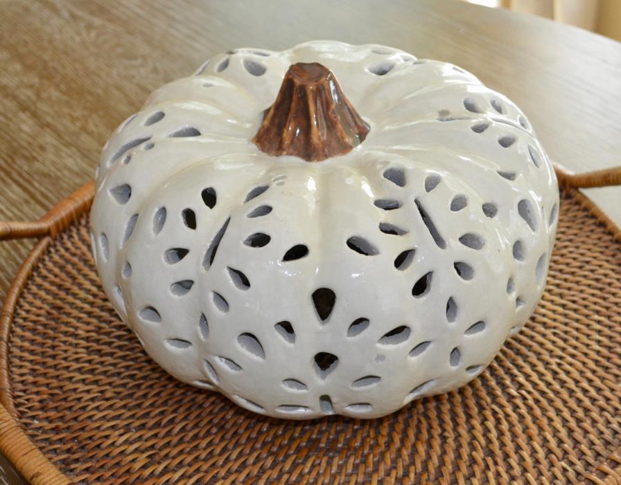 Pottery Barn Punched Ceramic Pumpkin White Luminary~Candle~Halloween Large