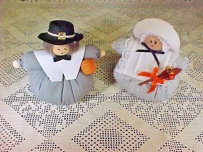 Thanksgiving Roly Poly Dolls Wooden Heads Stuffed Fabric Weighted Pilgrims Fall