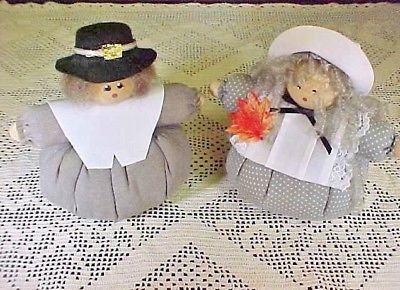 Thanksgiving Roly Poly Dolls Wooden Heads Stuffed Fabric Weighted Pilgrims
