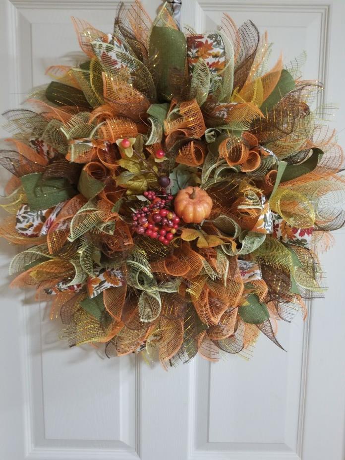 Sunburst Mesh Fall Multi Colored wreath with leaf décor and print ribbon