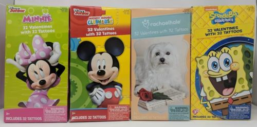 Kids Valentines Day Cards 32 Count w 32 Tattoos Various Cartoon Characters New