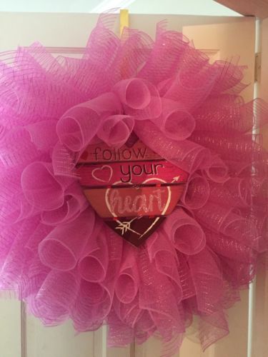 Large Valentines Day Mesh Door Wreath Pink Love Hearts Cone Shaped