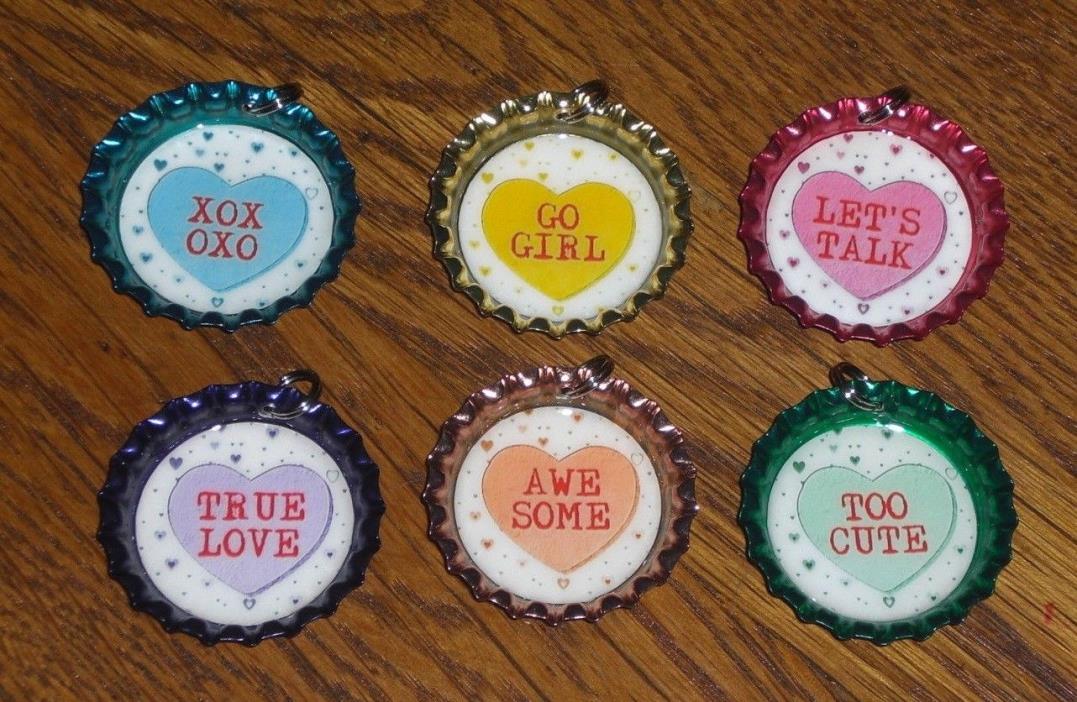 6 Valentine Conversation Hearts LOVE Assorted Metallic Bottle Cap Charms Ornies