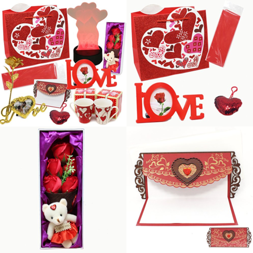 Deluxe Valentine's Day Gift Set W LED Decor 2 Valentine Mugs Heart Shape Key Cha