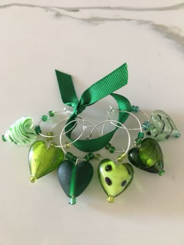Valentines Green Heart  Wine Charms  Set Of 6