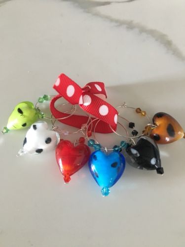 Valentines day or every day Spotted Heart Wine Charms  Set Of 6