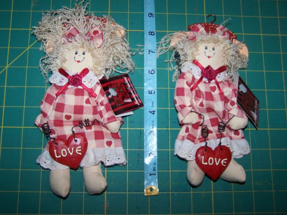 NWT Valentine Decorations doll red heart wooden hanger yarn hair Homespun Creati